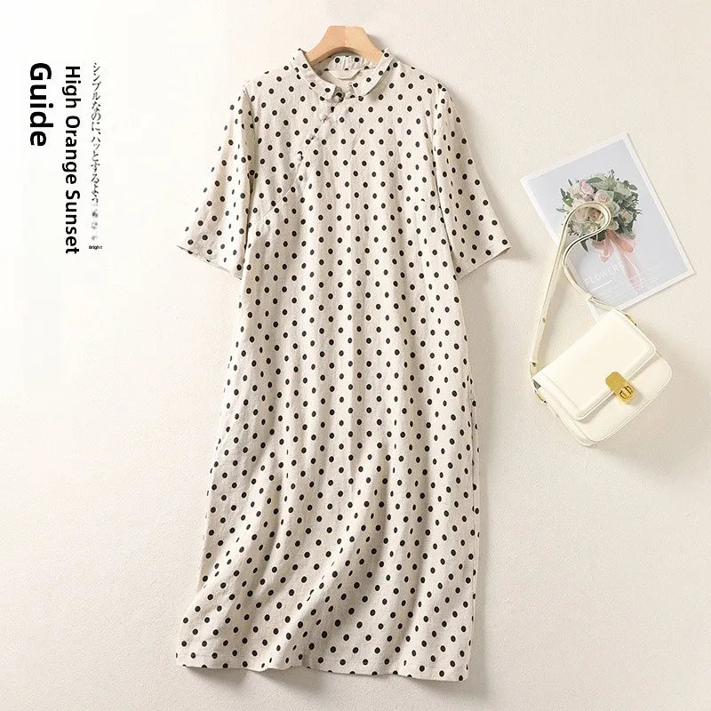 Summer Vintage Polka Dot Cotton Lin Short Sleeve Women's Dress Loose Slimming Gown Side Buttoned Midi Skirt A-Line Dress