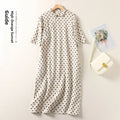 Summer Vintage Polka Dot Cotton Lin Short Sleeve Women's Dress Loose Slimming Gown Side Buttoned Midi Skirt A-Line Dress