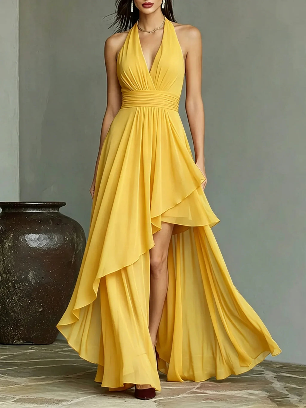 New Summer Women Chiffon Evening Gown Halter V‑Neck Backless Waist‑Cinching Formal Dress For Wedding Guest Cocktail Party