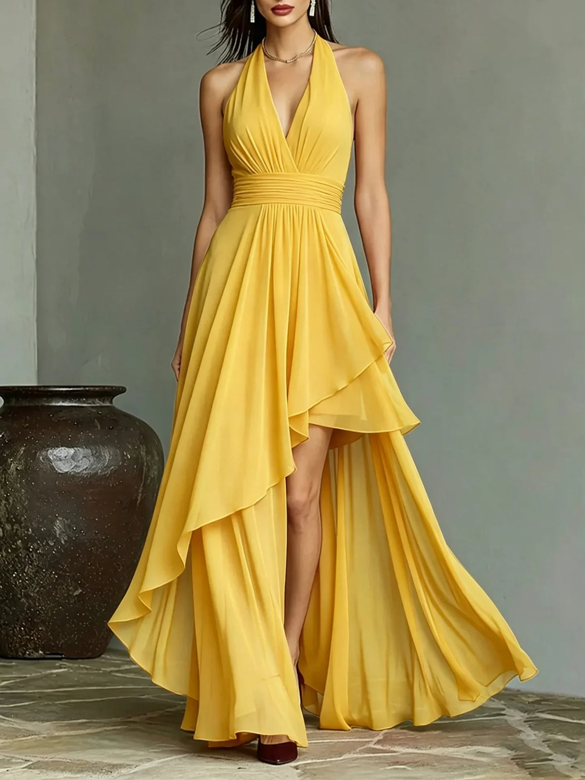 New Summer Women Chiffon Evening Gown Halter V‑Neck Backless Waist‑Cinching Formal Dress For Wedding Guest Cocktail Party