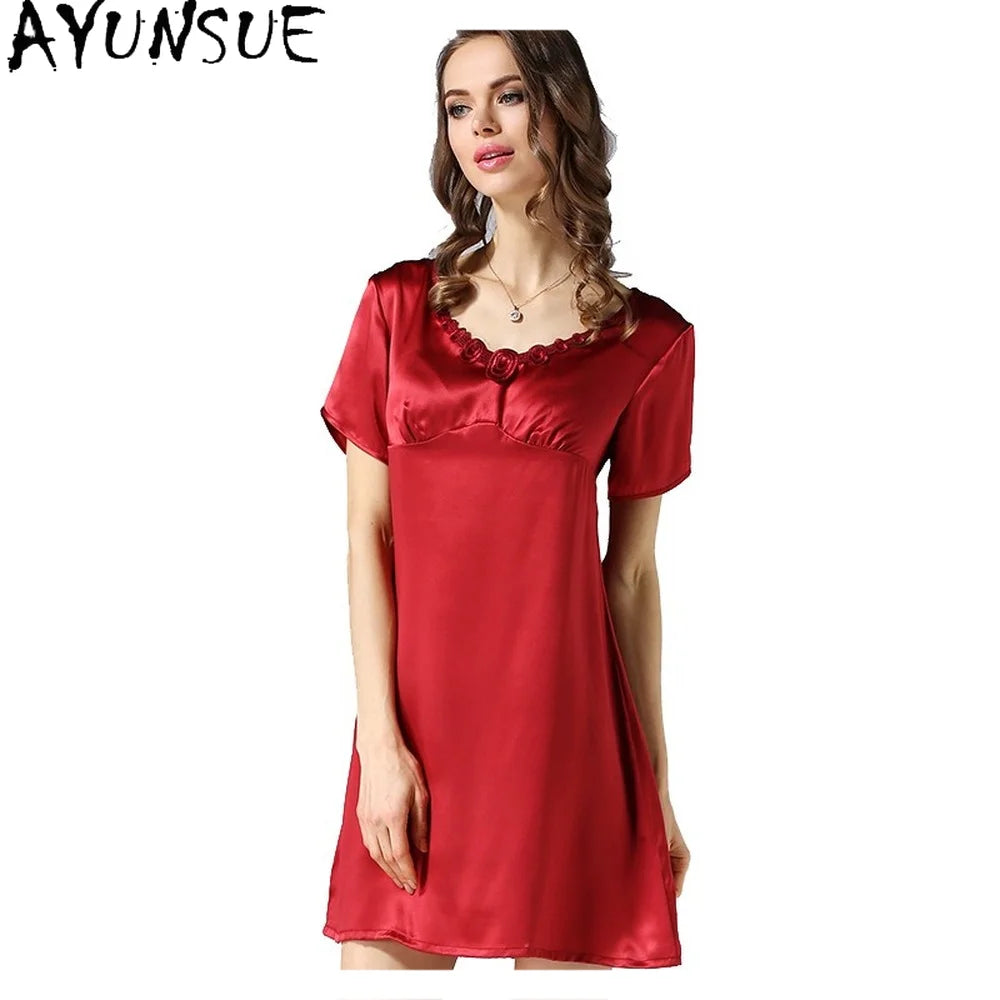 Women's 2023 Spring/Autumn Silk Pajamas 100%Natural Mulberry Silk Short Sleeved Nightdress Noble Silk Home Clothes Pajamas