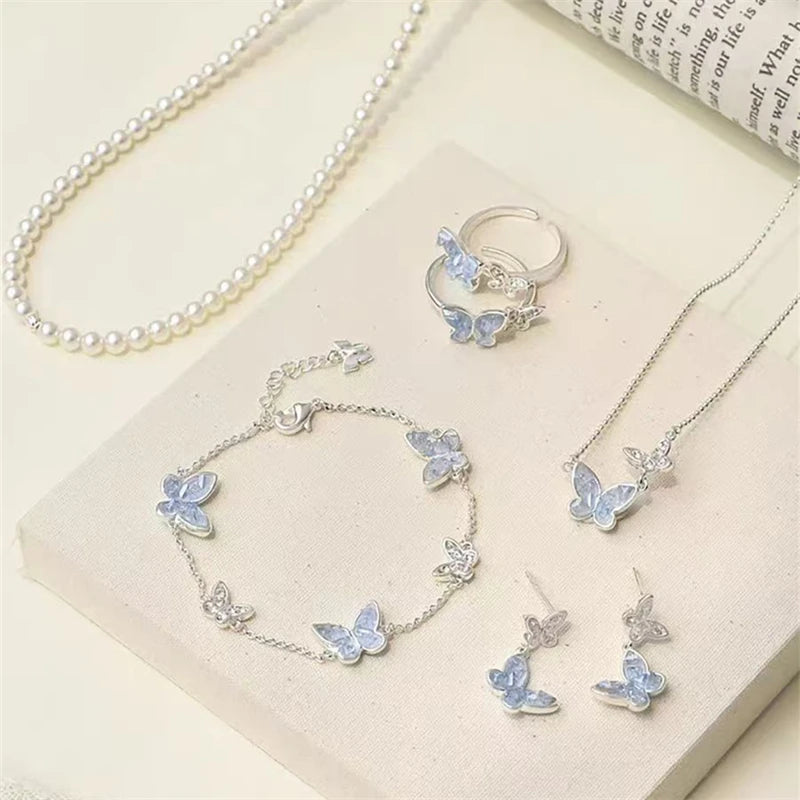 Light Luxury Shiny Zircon Butterfly Bracelet For Women'S Blue Rhinestone Double Butterfly Necklace Earring Set Girls Jewelry