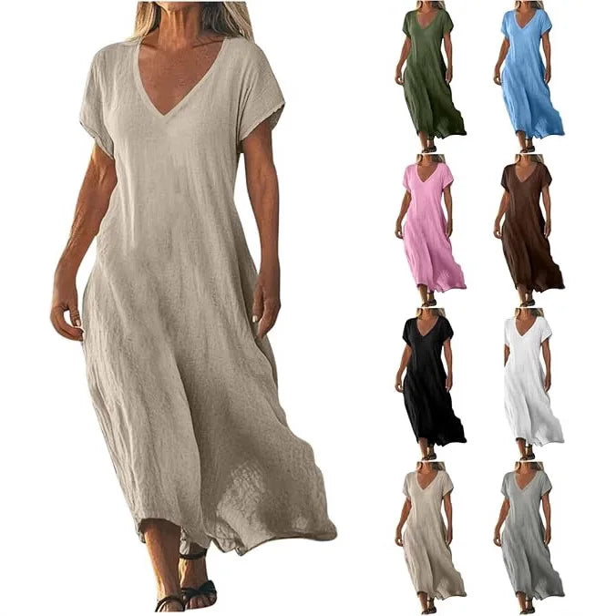 Independent Station Loose Solid Color V-neck Cotton and Linen Women's Dress