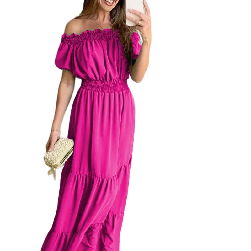 Summer Sexy Off Shoulder Slash Neck Ruffle Beach Party Dress Elegant Women Fashion Red Lace-up Pleated Holiday Long Dresses Robe