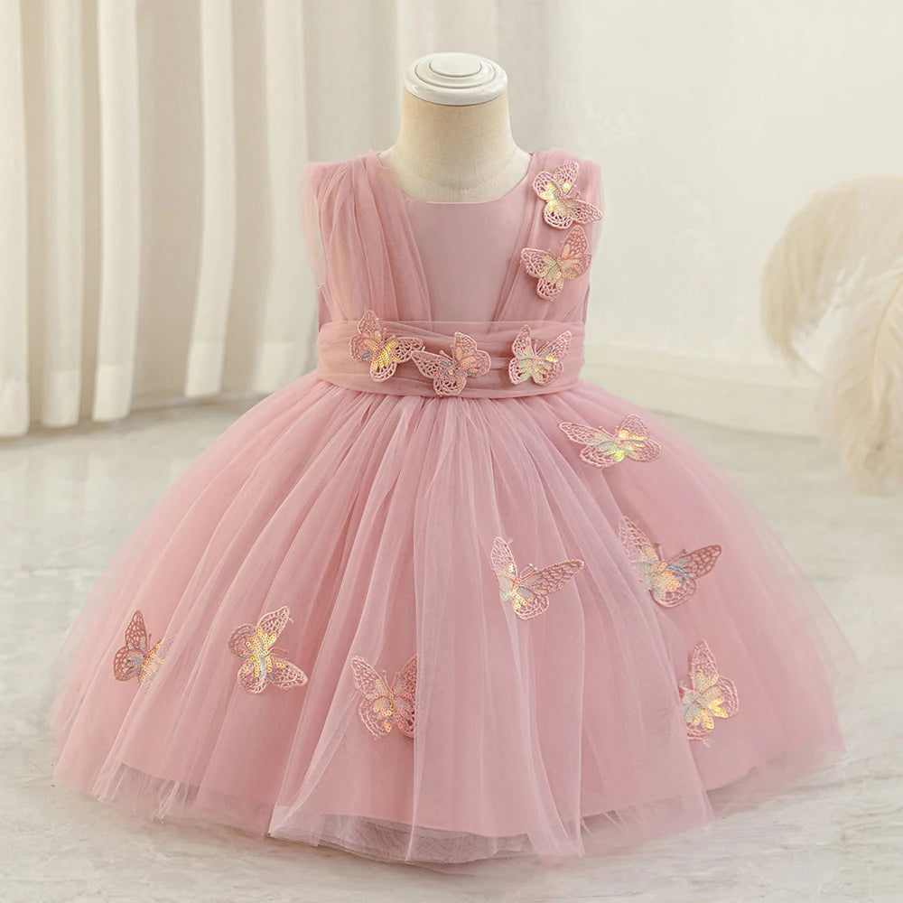 HETISO Butterfly Toddler Baby Dresses Infant Princess Summer Tulle Embroidery Birthday Party Dresses for Kids Girl Gown