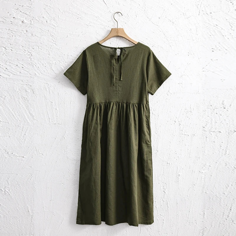 Women Cotton Linen Midi Dresses Summer Chic Female Vestidos Loose A-Line Dress Short Puffy Sleeve Casual Sundress