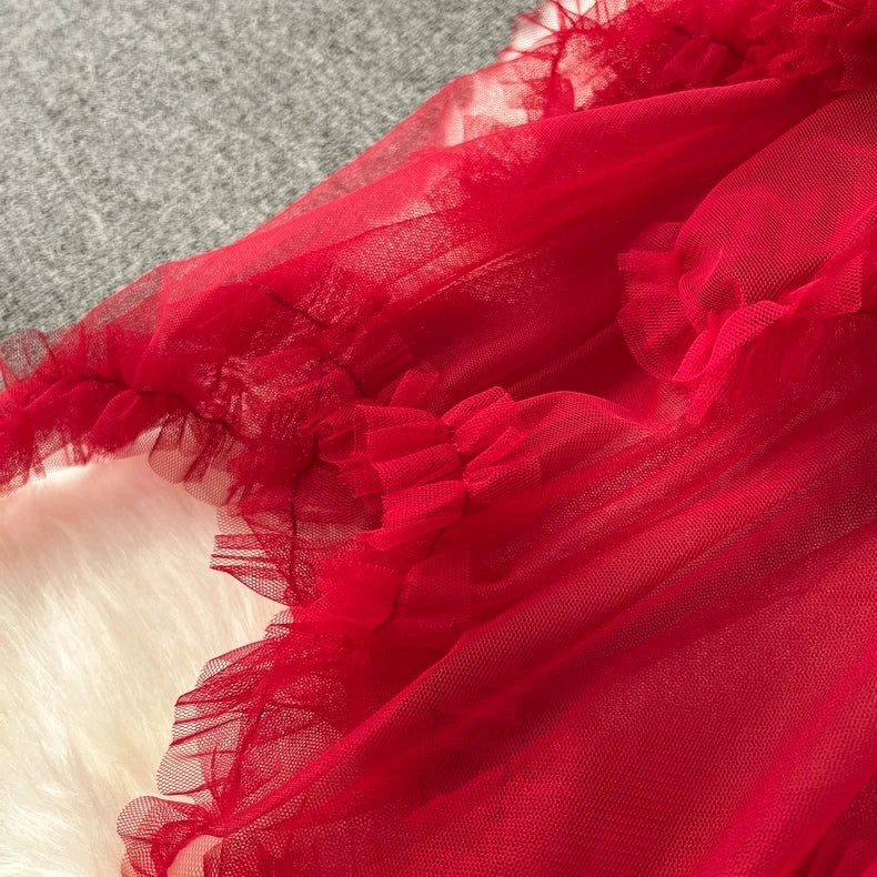 Sweetheart Fairy Dreamy Asymmetrical Tulle Skirt, High Waist A-Line Midi Layered Skirts for Women