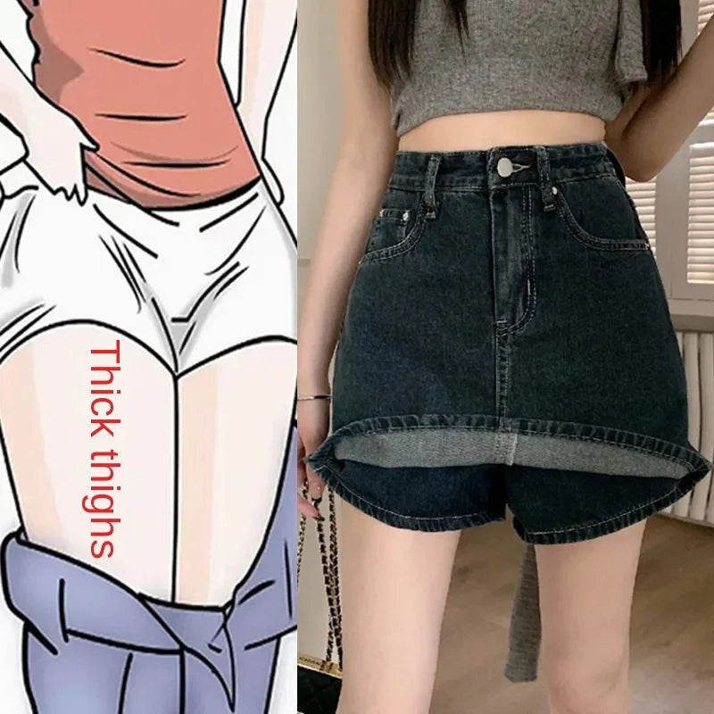 Women's Y2K High-Waist Mini Skirt Deep Blue Denim Spring Summer Slimming Flattering Wrap Around Skirt for Full Coverage