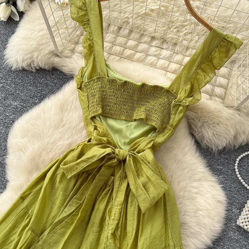 Summer French Sweet Camisole Ruffle Edge Dress for Women New Style with Straps Waist Cinching Vacation Style Dress C579