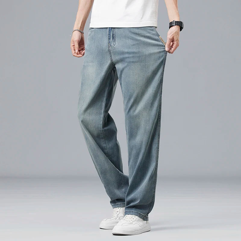 Summer Ultra-Thin Lyocell Men'S Jeans Drape Soft Fabric Loose Straight Casual Denim Pants Elastic Ice Silk Male Trousers