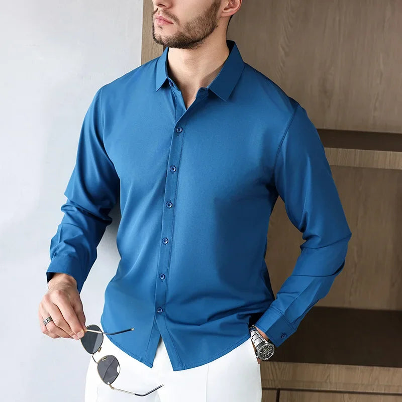 New Men'S Business Casual Long Sleeved Solid Color Shirt Wrinkle Resistant Wrinkle Free Comfortable All Season Versatile Top
