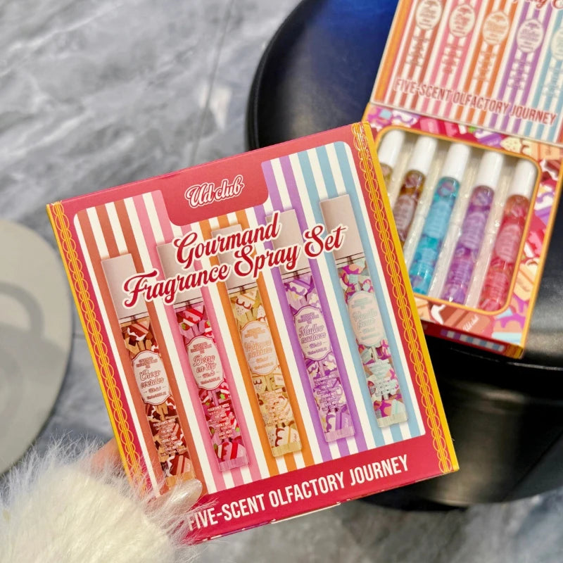 5pcs Gourmand Perfum Set Long Lasting Sweet Vanilla Cake Scent Mini Portable Fragrance Spray Set For Women