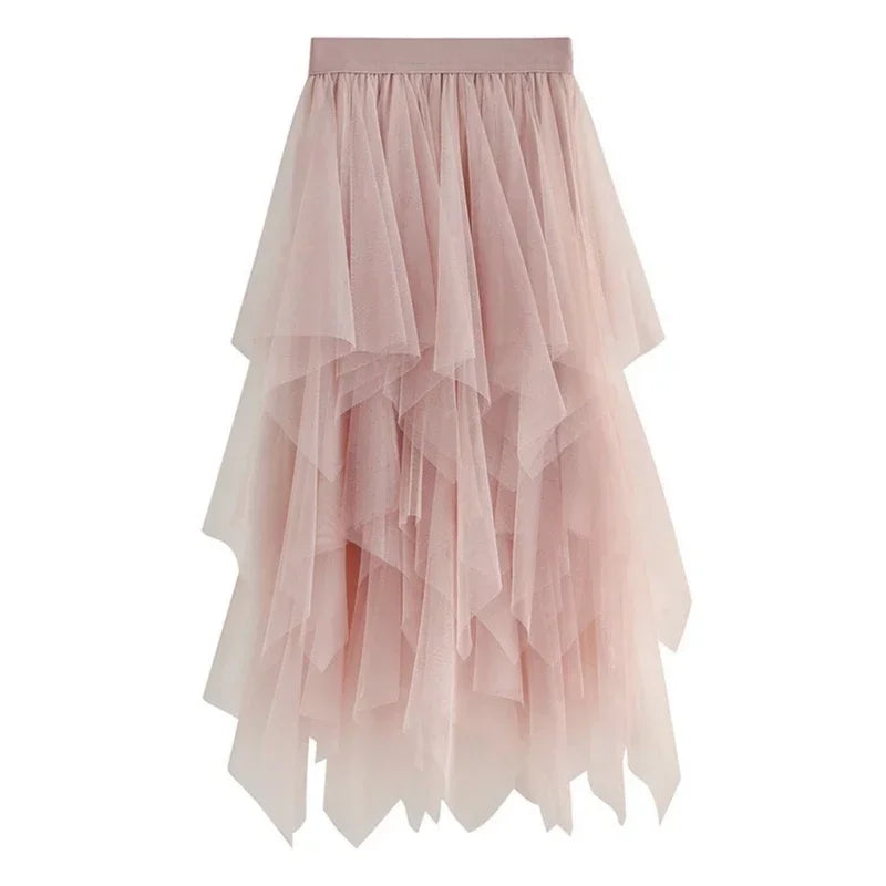 Solid Color A-Line Tulle Skirts for Women Girls Mesh Layered Skirt Summer High Elastic Waist Party Skirt Beach Club Fairy Skirts