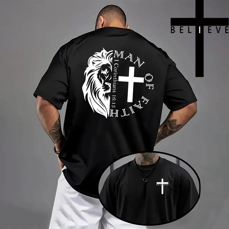 Spring Summer Daily Casual Fashion Jesus Cross Cotton Tees Christ Print T-shirt Men High Quality Pure Color Short Sleeve Top