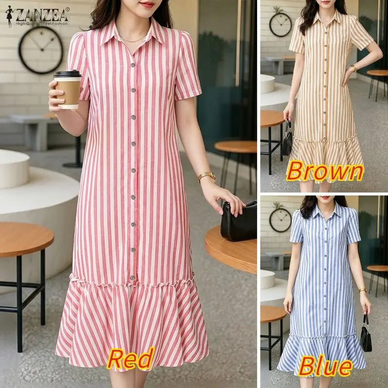 Summer Casual Short Sleeve Striped Midi Dress Women Turn-Down Collar Ruffled Hem Dresses ZANZEA Everyday Wear A-Line Vestidos