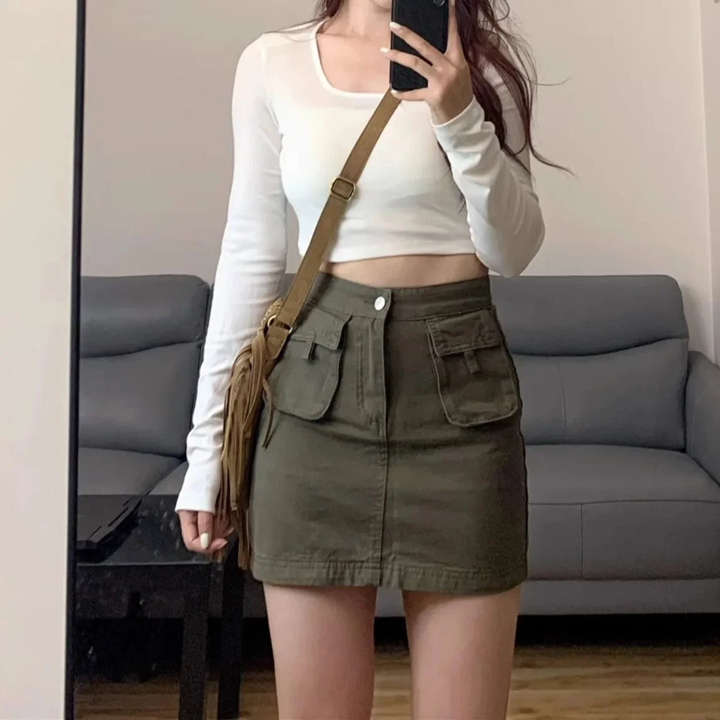 American Retro Workwear Mini Skirt A-Line Design plus Size High Waist Slimming Denim Half-length Skirts for Women