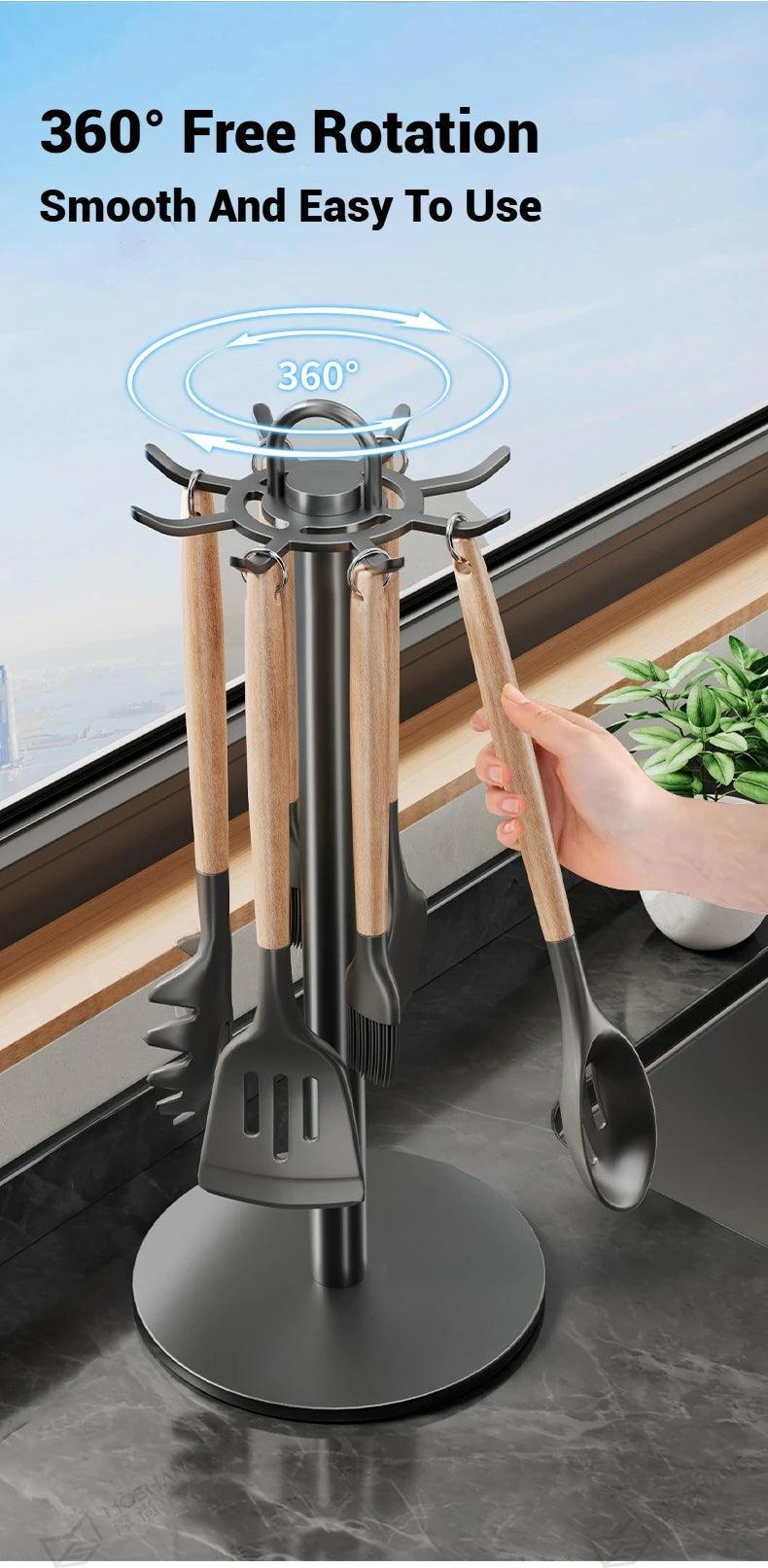 Soporte para utensilios de cocina: colgador de almacenamiento giratorio con 8 ganchos, para organización de encimeras, soporte giratorio para utensilios de cocina