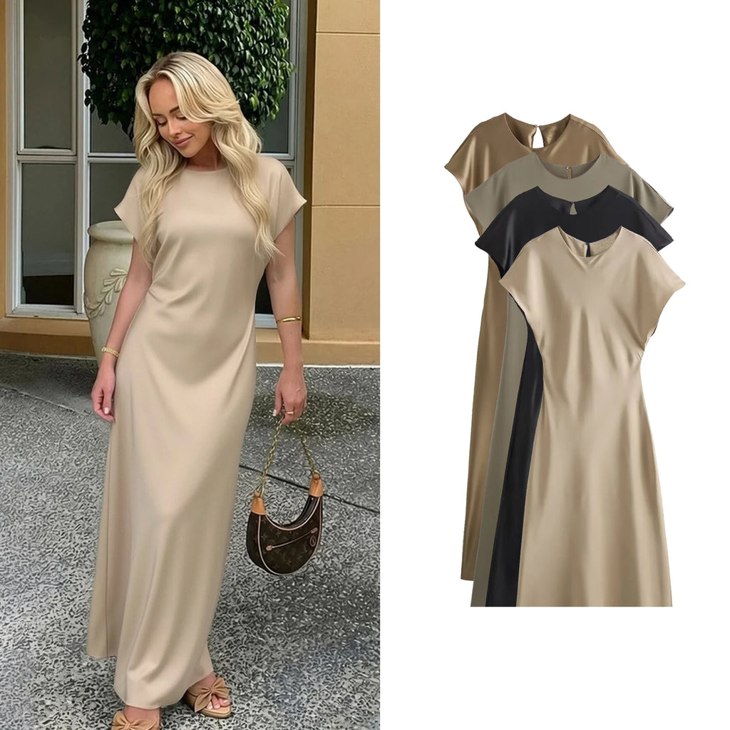 Woman Satin Midi Dress Summer Female Solid Fashion Elegant Long Dresses Lady Chic Short Sleeve O-Neck Evening Party Dress