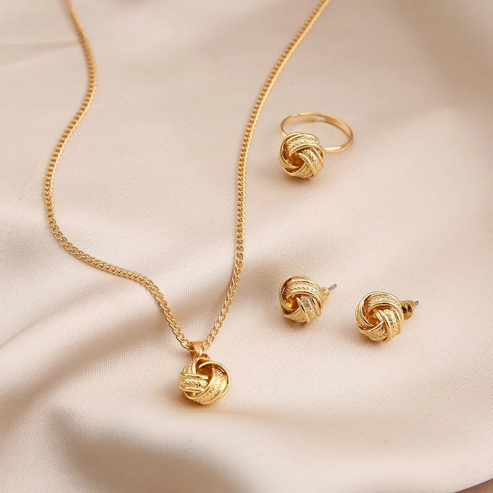 Gold Color Alloy Metal Twist Lucky Knot Earrings Necklace Ring Jewelry Set For Women'S Girls Trendy Geometric Vintage Accesories