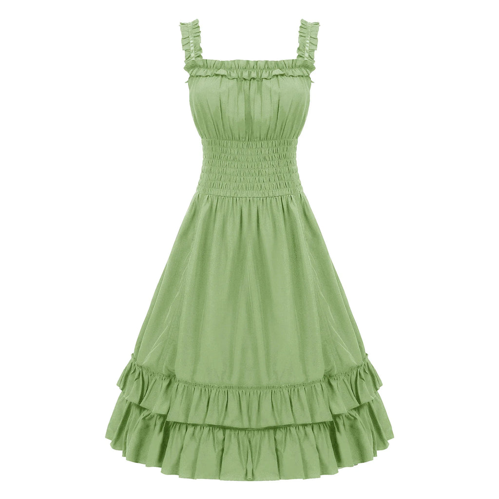 2026 Vintage Victorian Ruffle Midi Dress,High Waist A Line Women Sling Dress,Medieval Cosplay Party Dress for Women Summer Beach