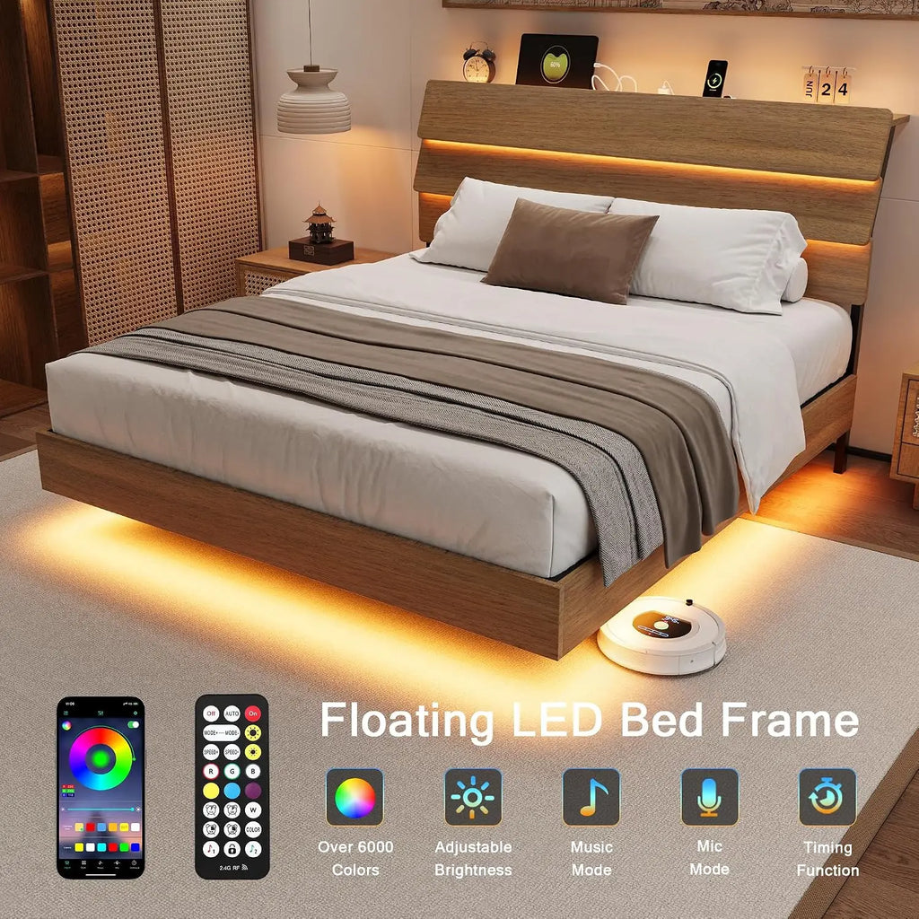 Floating Bed Frame Full with Led Lights and Charging Station, Full Size Platform Bed Frame w/Storage Headboard, Heavy Slats
