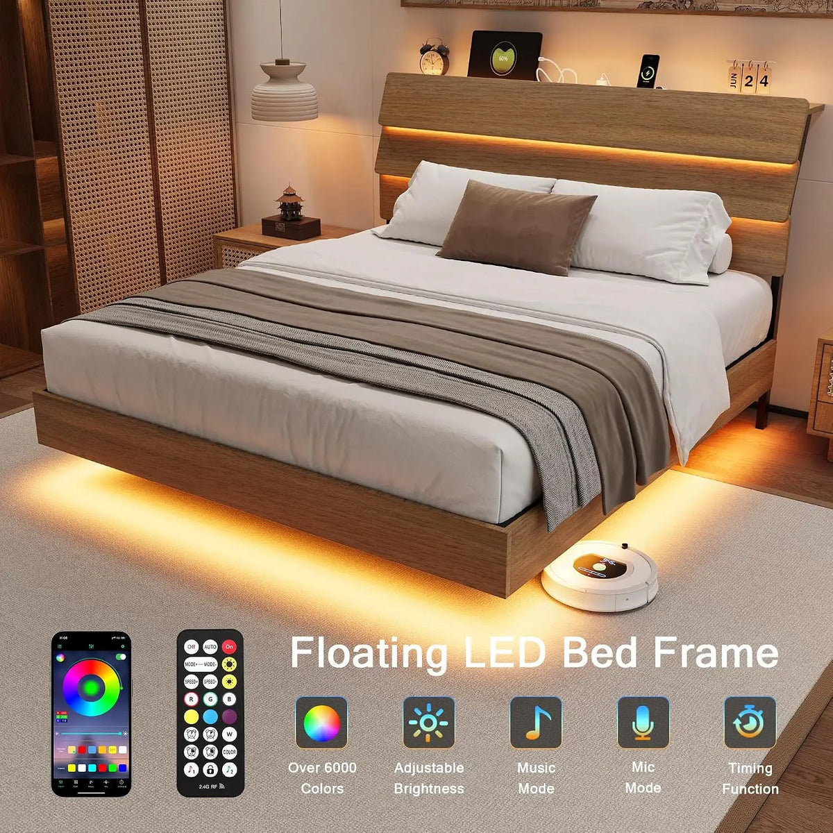Floating Bed Frame Full with Led Lights and Charging Station, Full Size Platform Bed Frame w/Storage Headboard, Heavy Slats