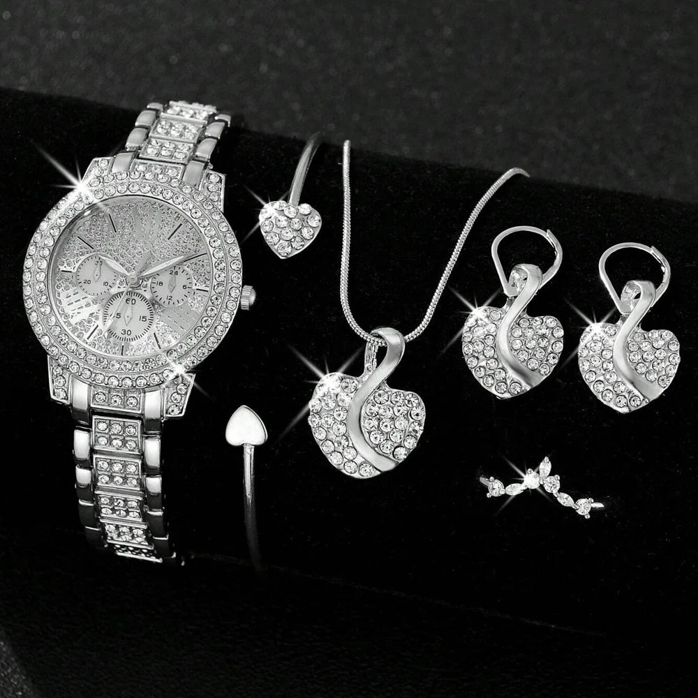 Women'S'S Quartz Watch Gold Luxury Women'S Ring Necklace Earring Rhinestone Fashion Wristwatch Casual Ladies Watches Jewelry Set ﻿