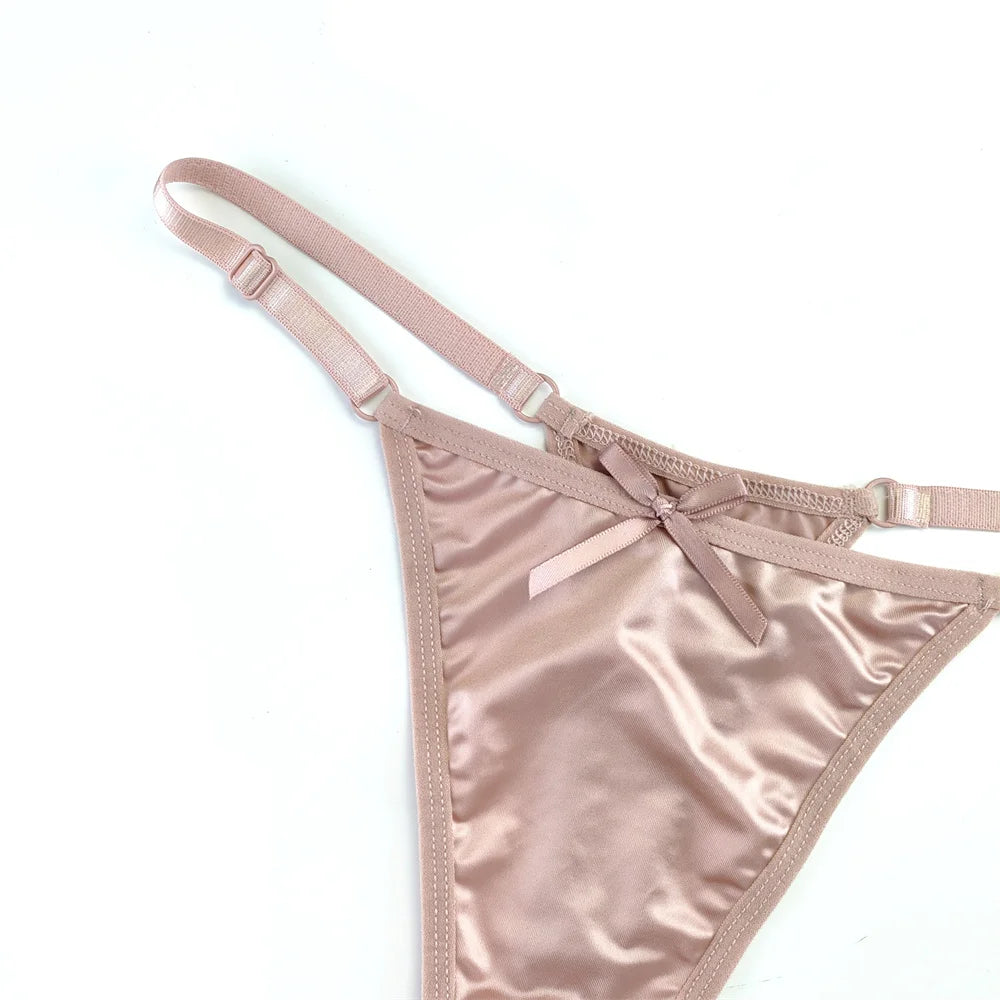 3PCS/Set Glossy Satin Pink Thong Adjustable Low Waist Women Smooth Silk G-string Sexy Plus Size Panty Set Underwear