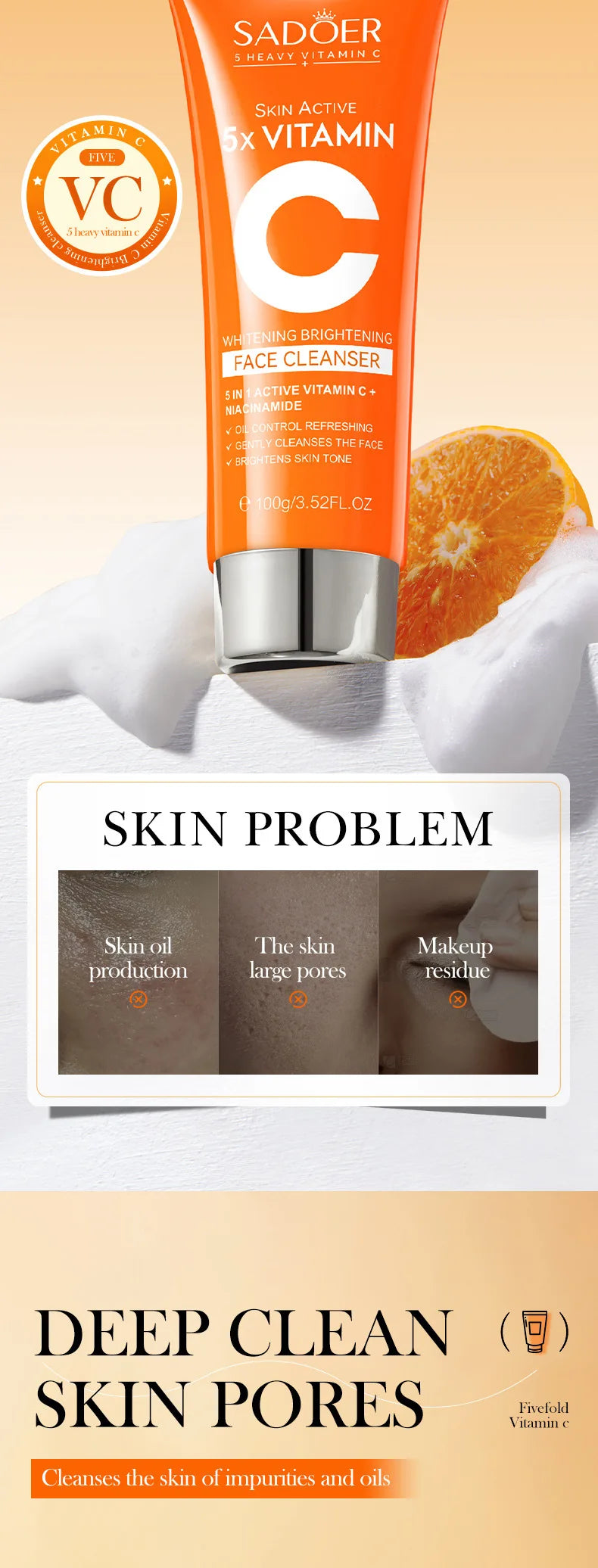 SADOER Vitamin C  Facial Cleanser Face Wash Foam Cleanser Deep Cleansing Moisturizing Brightening Hydrating Skin Care Products