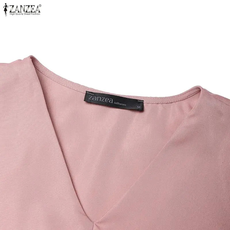 Women A-Line Midi Dress V-Neck 3/4 Puff Sleeve Cinched Waist Ruffled Hem Dresses ZANZEA Summer Elegant Casual Commute Robe Femme