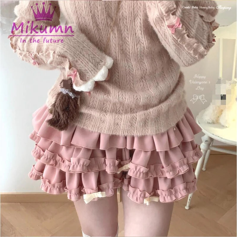 Mikumn Harajuku Sweet Bow Ruffles Mini Skirt Japanese Cute Y2k Elastic Waist Fluffy Pleated Mini Skirts Lolita Kawaii Cake Skirt