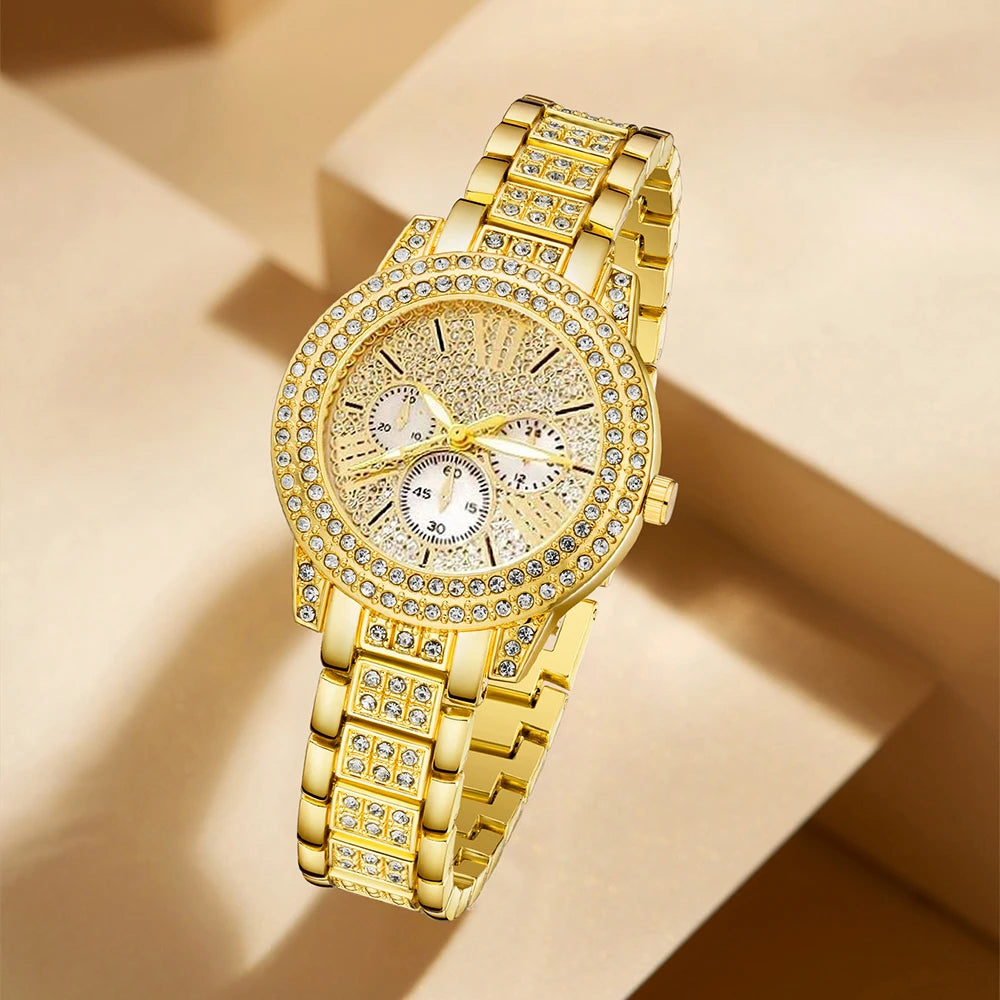 Women'S'S Quartz Watch Gold Luxury Women'S Ring Necklace Earring Rhinestone Fashion Wristwatch Casual Ladies Watches Jewelry Set ﻿