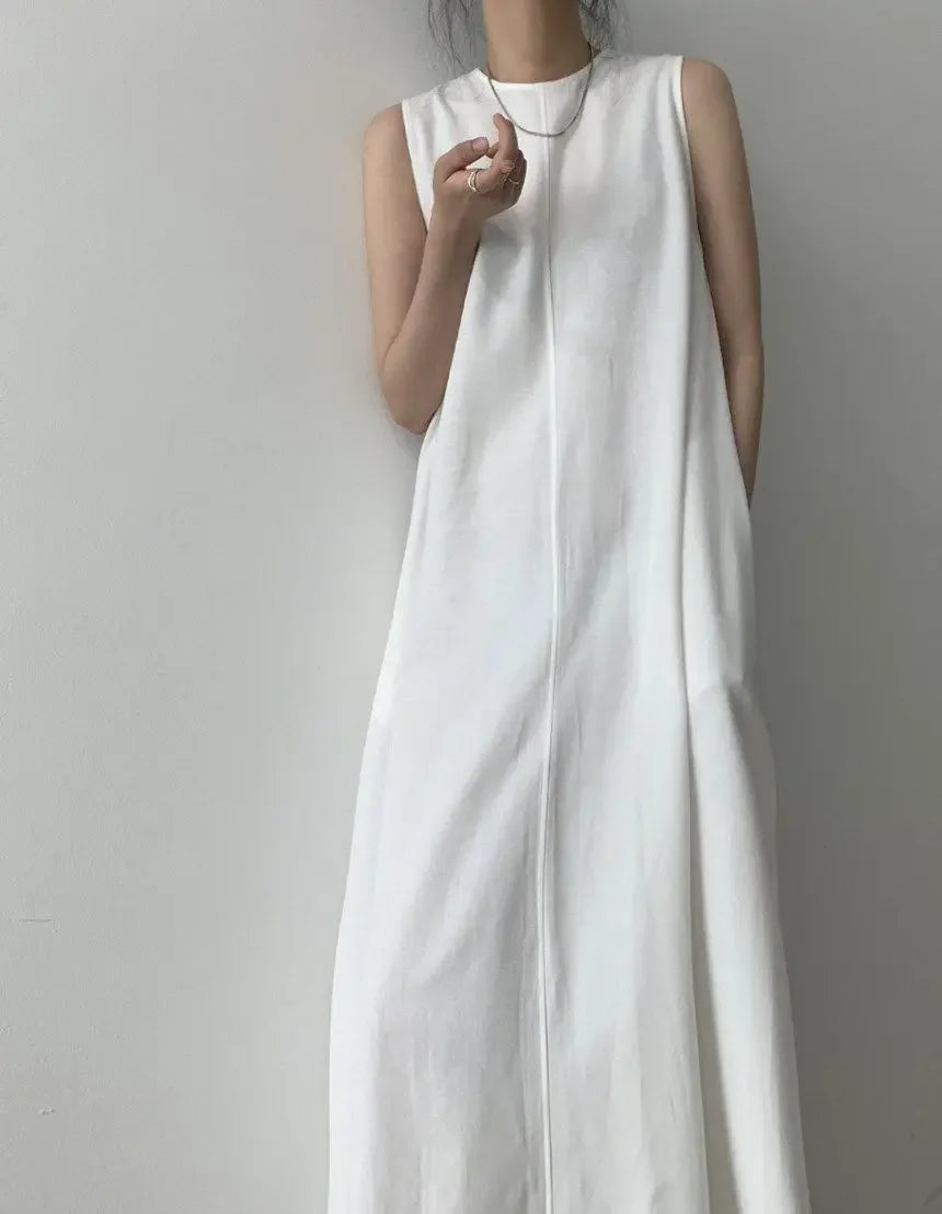 Korean Fashion Women Dress Casual Round Neck Loose Solid Color Casual Big Swing Sleeveless Long Linen Lazy Style Vestidos