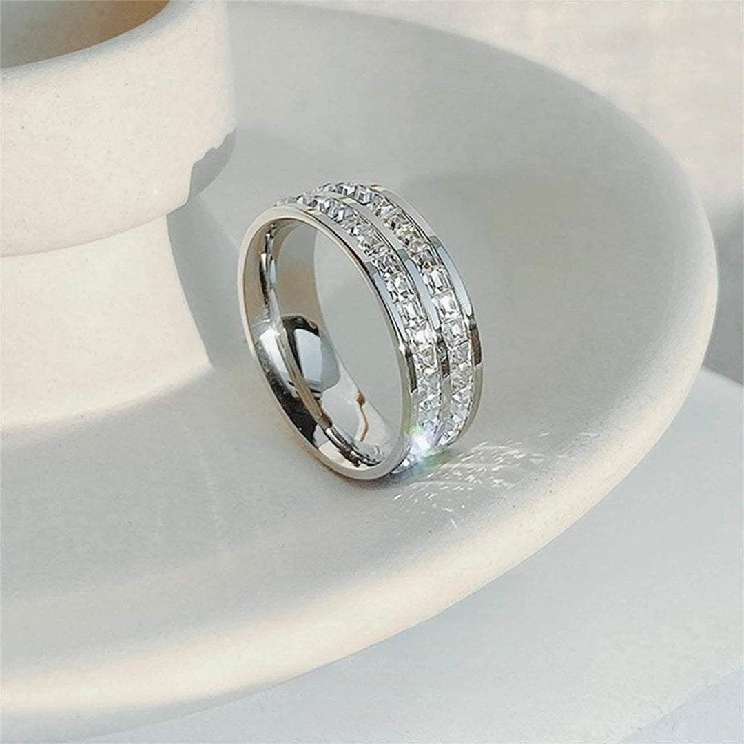 Luxury Rose Gold Double Rowed Square Zircon Stainless Steel Ring Women'S'S Romantic Engagement Wedding Jewelry Women'S
