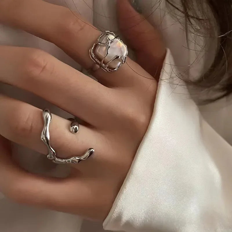 New Irregular Opening Pearl Ring Two-Piece Set For Women'S Fashionable Personalized Daily Accessory Jewelry Birthday Gifts