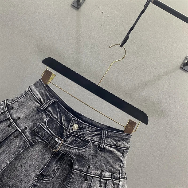 Retro American Denim  Skirt Women's Spring Summer Design Slimming Sexy A-Line Pleated Short Skirt High Waist Cotton Polye...