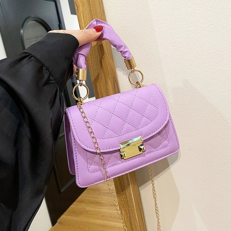 Elegant Women Quilted Top Handle Bags with Gold Chain Strap Ruched Handbag Fashion Lock Crossbody Bag Chic Mini Shoulder Purse