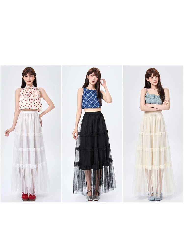 Women's Skirt Spring Summer Tiered Tulle High Waist Ruffle Hem A-Line Pleated Maxi Layered Mesh Cake Skirt Female Faldas SK120