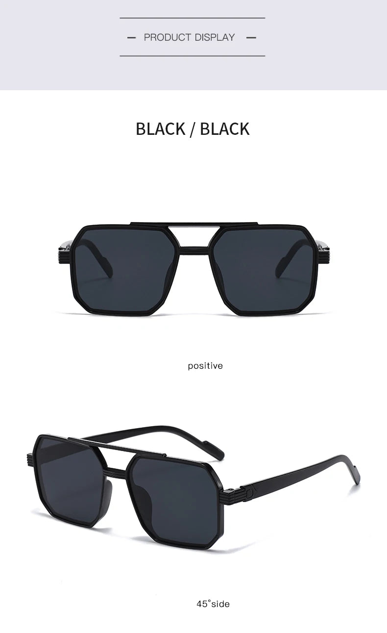 Car Sun Glasses 3pcs Retro Large Frame Square Sunglasses Classic Double Beam Metal Frame Glasses Fashion Men'S Gradient Eyewear