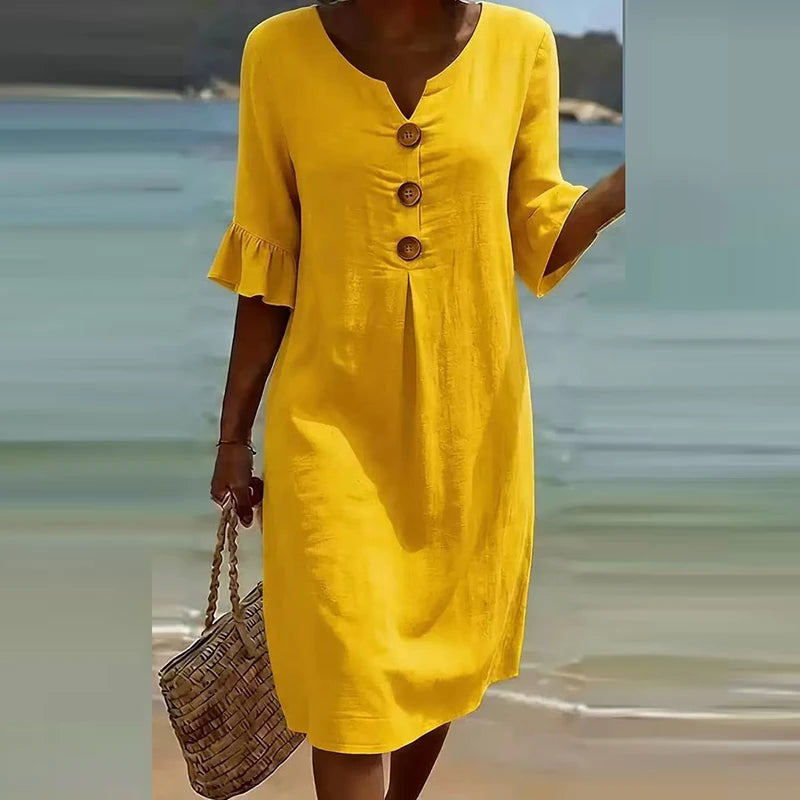 Summer Vintage Printed Dress Women Casual V Neck Half Sleeve Button Design Midi Dresses For Women Loose Beach Holiday Dress Boho