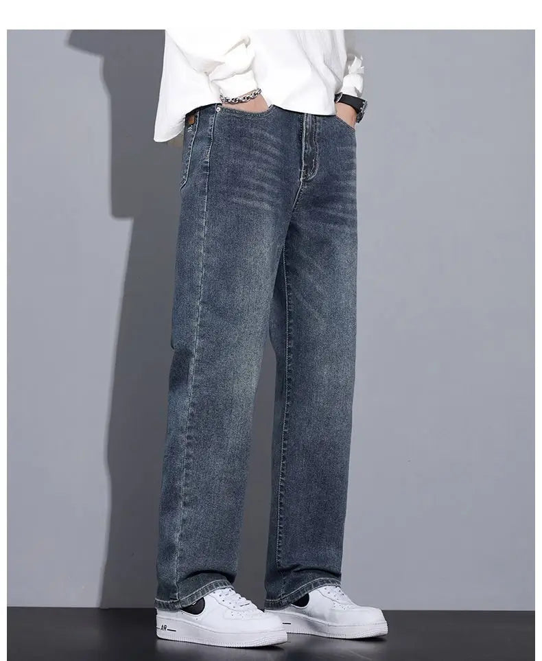 Black Casual Elastic Wide Leg Jeans Men's Loose Straight Fit Jeans Trendy Autumn Winter Long Pants Korean Style Basic Model