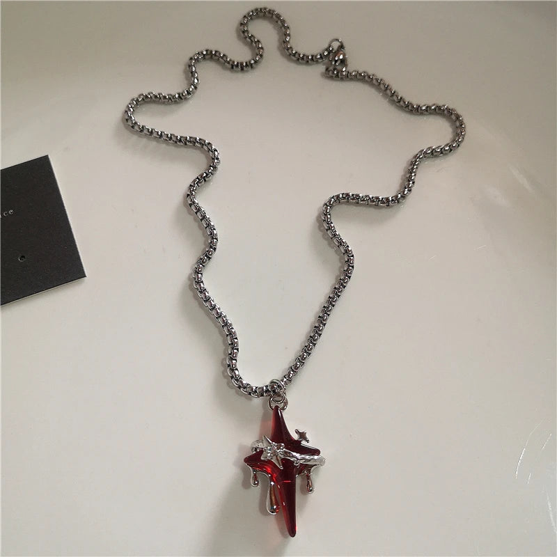 Gothic Red Cross Star Heart Pendent Necklace For Women'S Men Hip Hop Street Vintage Y2K Grunge Punk Y2K Aesthetic Jewelry Gifts