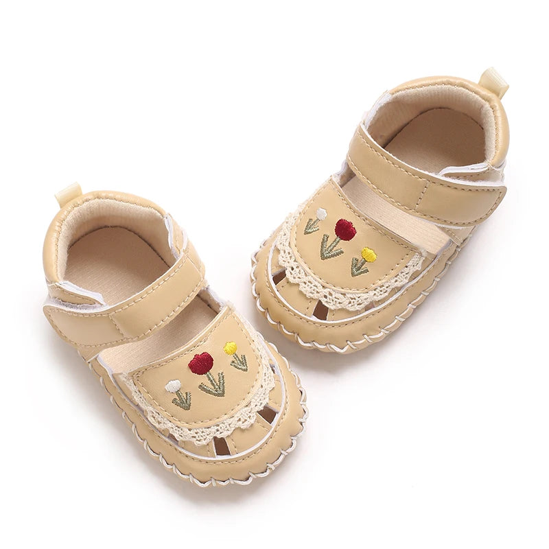 Baby Girls Bow Floral First Walker Sandals - Breathable PU Leather