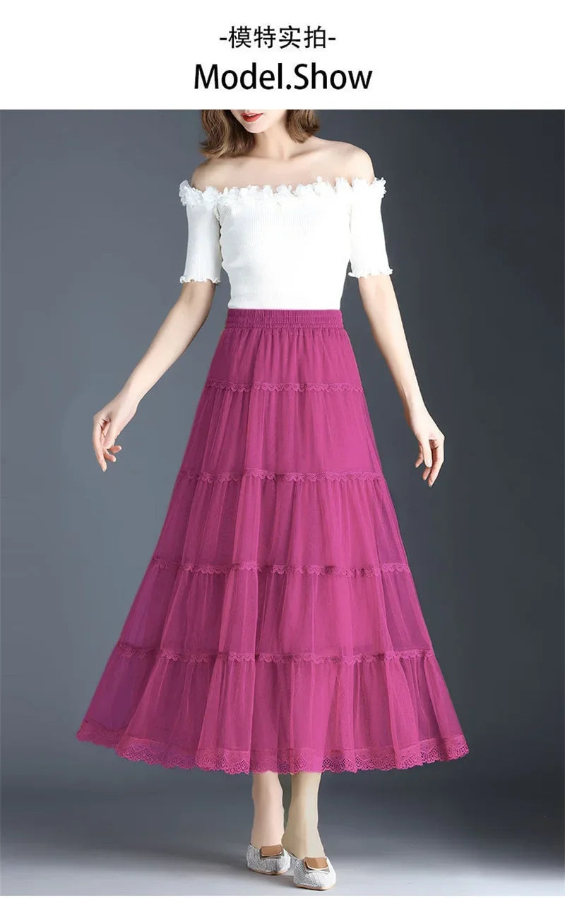 Pop Pop Long Tulle Skirt Women 2024 Spring Summer Elastic High Waist A-Line Mesh Pleated Puffy Skirt Female Elegant Lace Midi Sk