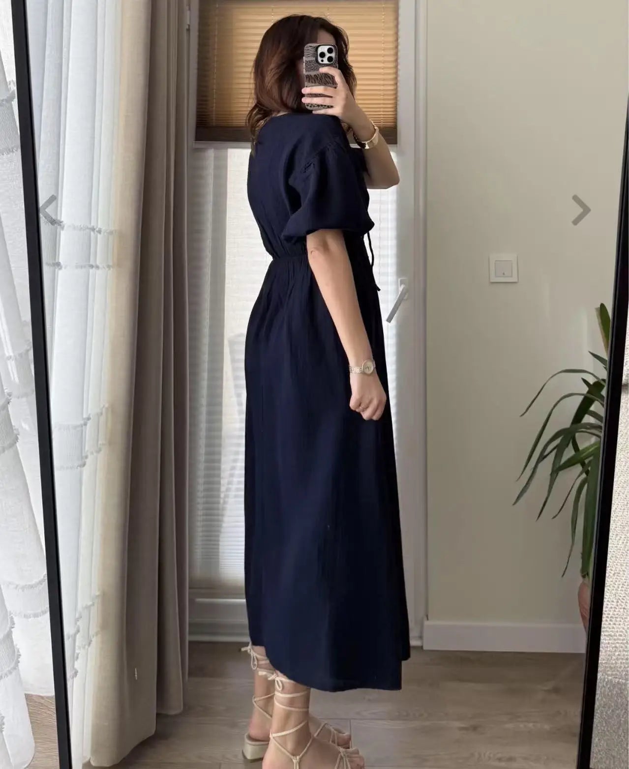 Dress Women Dresses A Line Puff Sleeve Vestidos V Neck Elastic Waist Elegant Mid Length Solid Y2k Streetwear Work Lace Up Summer