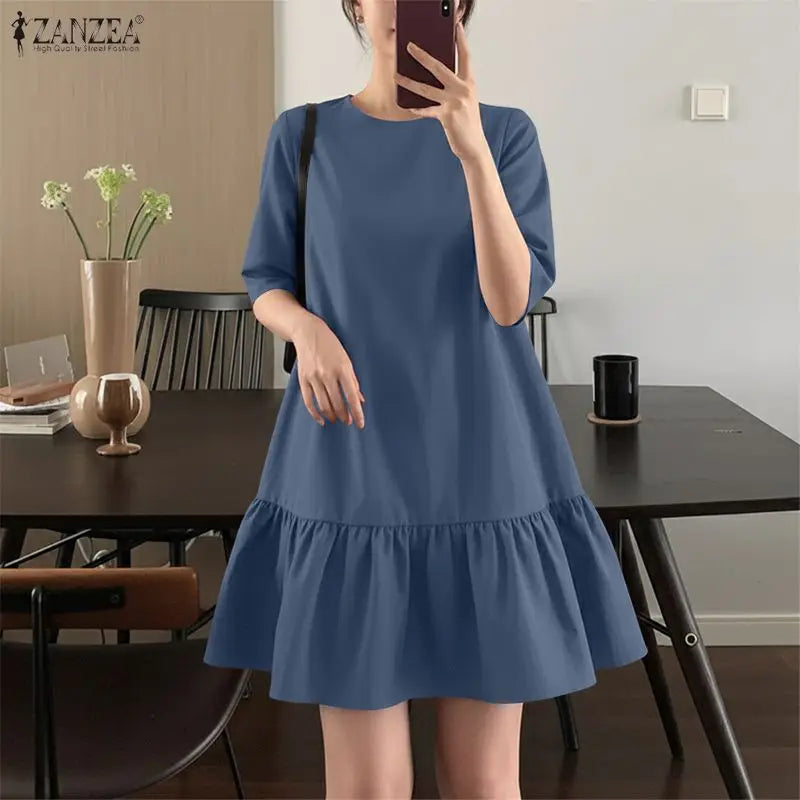 ZANZEA Women's Casual Ruffled Hem Dress O-Neck Half Sleeve A-Line Dress 2026 Summer Daily Solid Color Loose Robes Femme