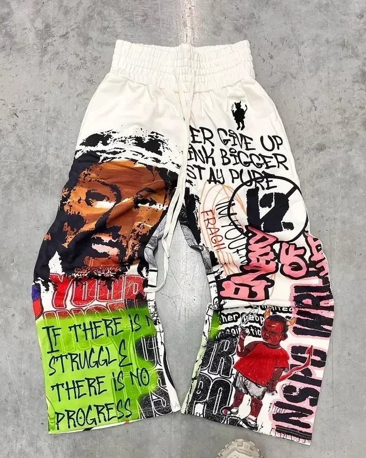 American Letter Patch Men Hip Hop Baggy Sweatpants With Retro Double Layer Y2K Style