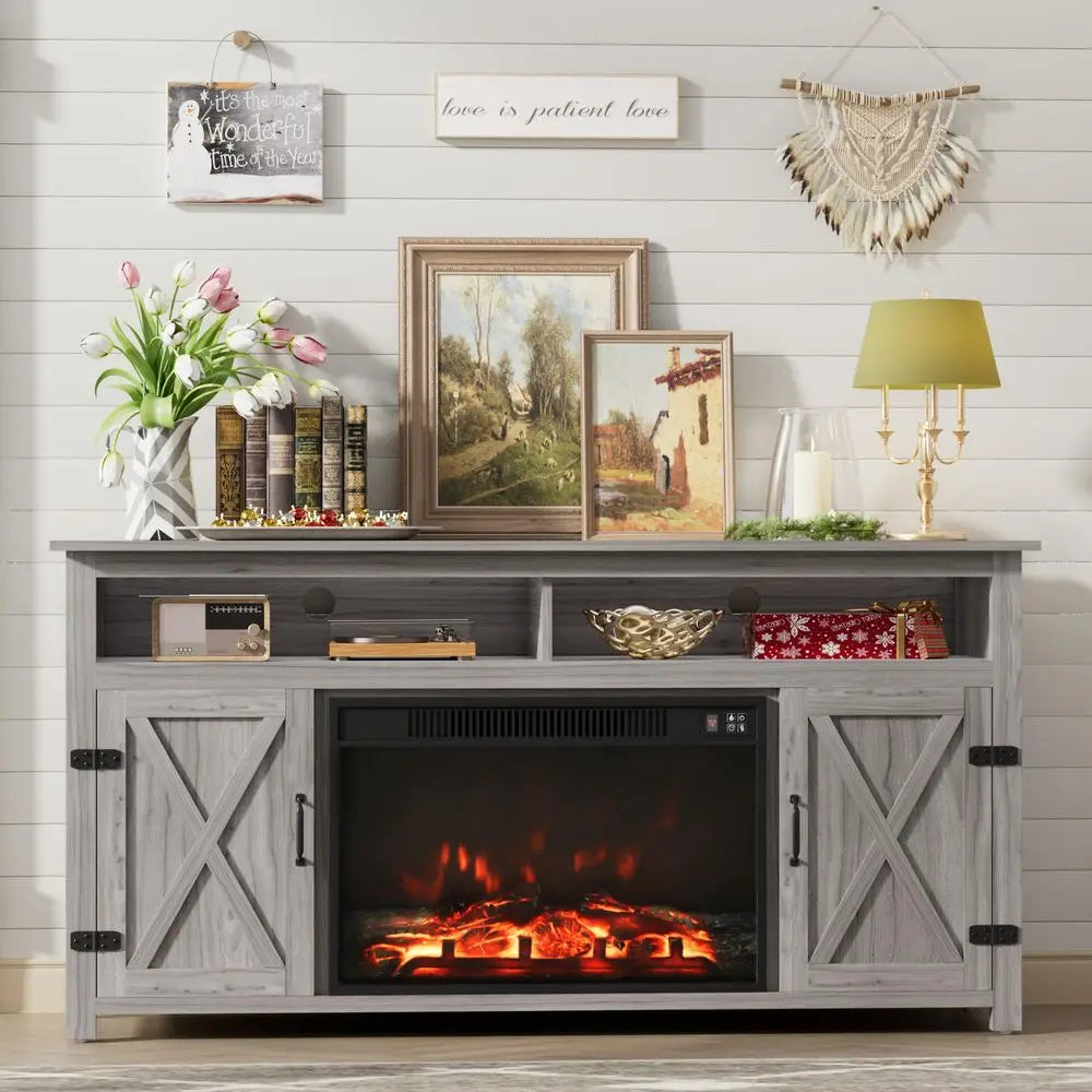 Farmhouse Fireplace TV Stand for TVs Up to 65 Inch Highboy Entertainment Center with Open Storage and Side Cabinets Rustic Medi