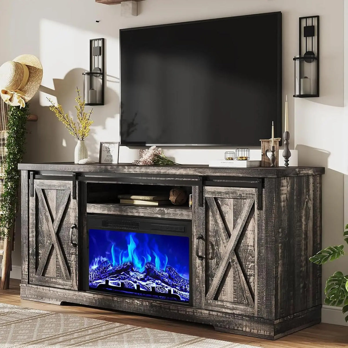 Amerlife Farmhouse Fireplace TV Stand with Sliding Barn Doors 59"
