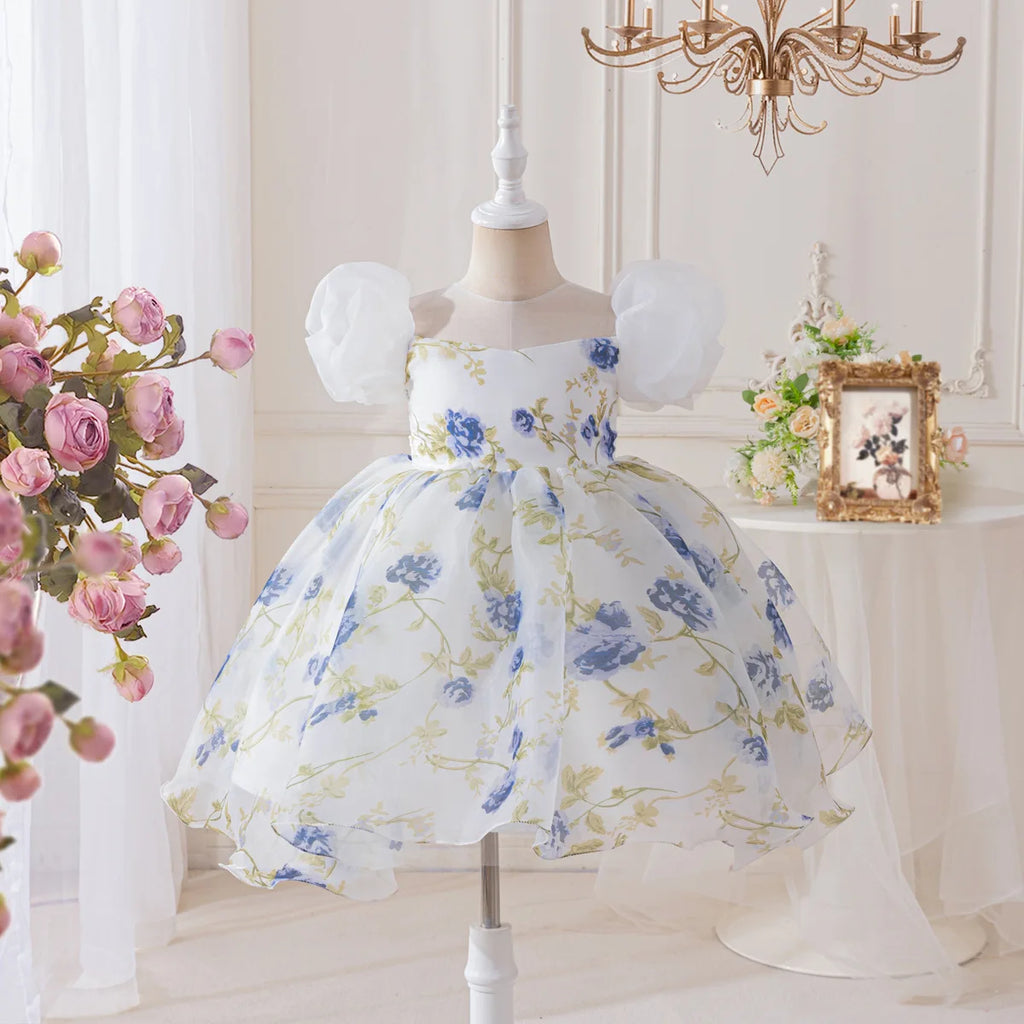 HETISO Girls Floral Chiffon Dress Korean Style Casual Birthday Gown White One-piece Summer Dress for Kids 2-10 Years
